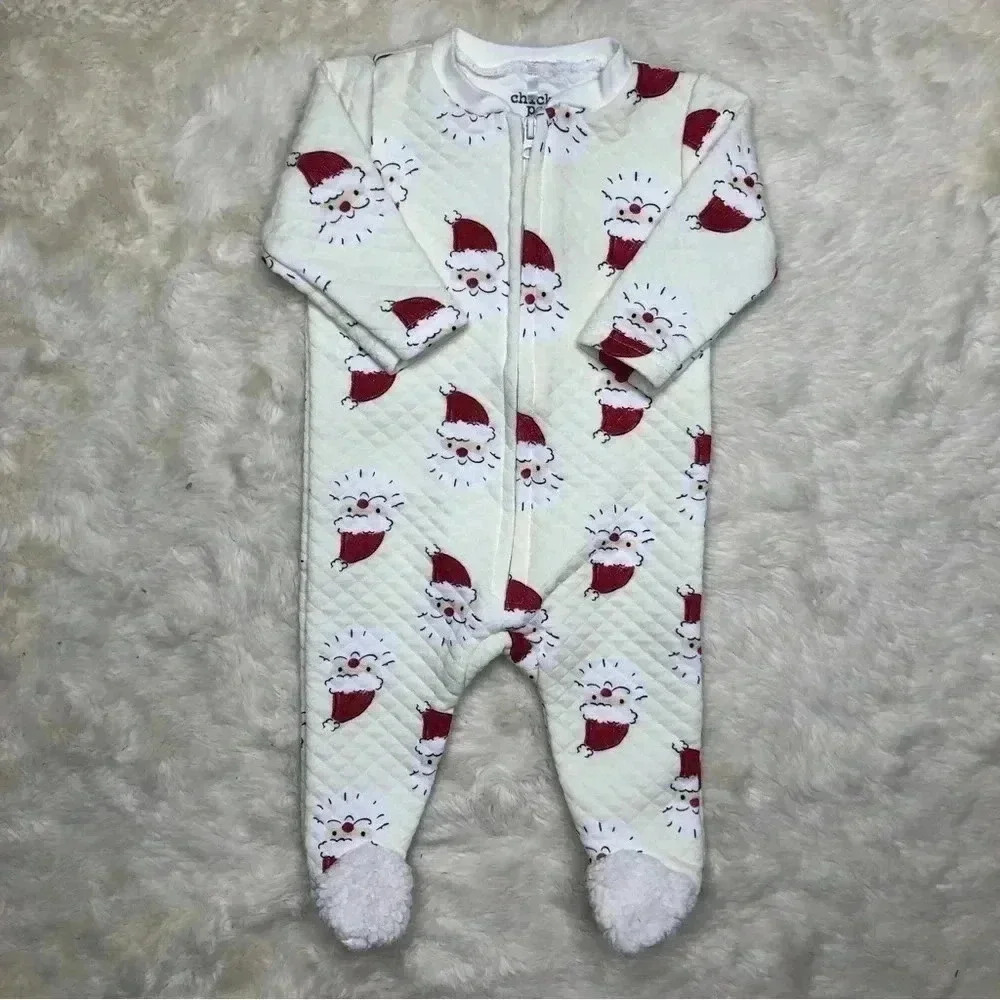 Chick Pea Footed Onesie Christmas Santa Pajamas Zippered White & Red  3-6 Months